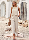 Fashion 2 Pcs Outfits Sleeveless Summer Crop Top Pants Suit Solid Ankle-length Pants Casual Beach Set Back Button Pocket