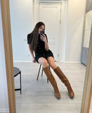 Meotina Women Genuine Leather Knee High Boots Square Toe Chunky High Heels Zipper Long Boots Lady Fashion Shoes Autumn Winter 43