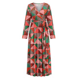 Christmas Print Long Dress for Women Autumn V-neck Knitting  A-LINE Belt Slim Ankle-Length