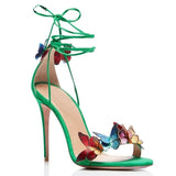 Woloong Aiertu Green Yellow Butterfly Sandals Back Lace Up Blue Red Thin High Heel Sandals New Summer Shoes For Women Stilettos Sandals