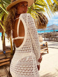 Woman Sexy Lace Up Backless Dress Fashion Hollow Out Bodycon Long Sleeve Knitted Dresses Female Elegant Beach Holiday Robes