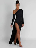 Shoulder Thigh High Split Maxi Dress Women Long Sleeve Backless Bodycon Sexy Club Party Long Dress Vestidos