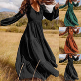 Stylish Ruffle Maxi Dress Casual Puff Sleeve Tunic Vestidos Female Solid Robe Women's Autumn Sundress