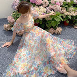 woloong Women's Summer Floral Dress Spaghetti Strap Dress Backless Puff Sleeves Sweet A-line Off Shoulder Midi Dress Holiday