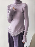 Korean Chic  Autumn Winter Elegant Tassel Spliced Sweater Pullover Women Turtleneck Long Sleeve Black Knitted Jumper