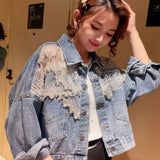 Woloong Chic Diamond-studded Denim Jacket Loose Lace Mesh Stitching Sequined Bomber Jeans Coat Hollow Beaded Cardigan Thin Tops Chaqueta