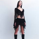 Applique Ruffle Sexy Y2K Clothes 2 Pieces Long Sleeve Crop Top Bodycon Ruched Mini Skirt Matching Set Club Party Y2K Clothe