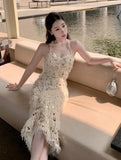 Women Sexy Bodycon Evening Party Dress Summer Fashion Backless Halter Midi Dresses Chic Sequins Vestidos