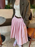 A-line Elegant Pink Plaid Pleated Midi Women Skirt Vintage Korean Fashion Preppy Style