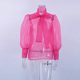 White Chiffon Top Shirts For Women Elegant Long Lantern Sleeve Mesh T-shirt See-Through Blouse Bow Sheer Ladies Shirts