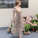 woloong Women's Summer Floral Dress Spaghetti Strap Dress Backless Puff Sleeves Sweet A-line Off Shoulder Midi Dress Holiday