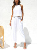 Fashion 2 Pcs Outfits Sleeveless Summer Crop Top Pants Suit Solid Ankle-length Pants Casual Beach Set Back Button Pocket