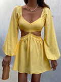 Lantern Sleeve Sexy Waist Backless Yellow Summer Spring Beach Dress for Women Solid A-line Femme Dress Vestidos