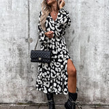 Woloong Leopard Print White Black Slit Midi Casual Winter Long Sleeve Dress V Neck Autumn Dropshipping Vestidos Femme