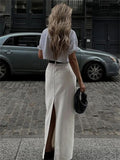 White Fashion High Waist Maxi Skirt Female Split Solid Pocket Streetwear Patchwork Casual Long Skirt For Women Maxi Skirt