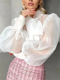 White Chiffon Top Shirts For Women Elegant Long Lantern Sleeve Mesh T-shirt See-Through Blouse Bow Sheer Ladies Shirts