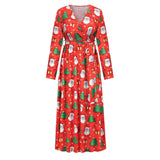 Christmas Print Long Dress for Women Autumn V-neck Knitting  A-LINE Belt Slim Ankle-Length