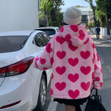 Harajuku Heart-shaped Print Plush Jacket Women Winter Korean Long Sleeve Hooded Coat Thick Warm Couple Streetwear Outerwear