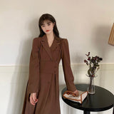 Long Sleeve Ladies Dress Women Autumn Formal French Retro Solid Korean Style Button-design Daily Office Lady Streetwear Fashion