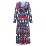 Christmas Print Long Dress for Women Autumn V-neck Knitting  A-LINE Belt Slim Ankle-Length