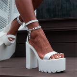 woloong Open Toe Metal Chain Chunky Heeled Strappy Sandals For Women Platform Block High Heels Summer Black Punk Shoes Woman