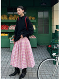 A-line Elegant Pink Plaid Pleated Midi Women Skirt Vintage Korean Fashion Preppy Style