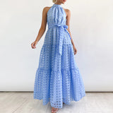 Women Elegant Loose Pleated Long Party Dress Ladies Summer Sexy Sleevelss Dress Fashion High Street Cascading Ruffle Maxi Dress