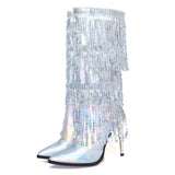 Fashion Pointed Toe Fringe Sequined Mid Calf Boots For Women Zip Metallic Glitter Sexy Elegant Dress Long Shoes