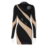 Matching Color Long Sleeve Hollow Out Sexy Slim Mini Dress  Spring Women Fashion Outfit Streetwear Party Nightclub