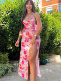 Floral Print Slip V Neck Backless Slit Sexy Bodycon Maxi Prom Dress Summer Women Elegant Outfit Streetwear Party Kawaii