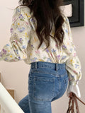 Blouse Women Shirt Ruffled Collar Floral Button Up Shirts Loose French Vintage Blouse Fashion Sweet Long Sleeve Tops