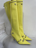 woloong Woman Boot Fashion Sexy Pure Color Pointed Toe Stilettos Heels Vintage Metal Buckle Zipper Knee High Boots Slim Tassel Shoes 45