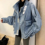 Woloong Retro Denim Coat for Women Short Loose Letter Student Harajuku Lady's Denim Jackets Hiphop Spring and Autumn Cowboy Old Outwear