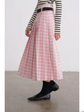 A-line Elegant Pink Plaid Pleated Midi Women Skirt Vintage Korean Fashion Preppy Style