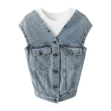 Woloong Patchwork Pocket Denim Shirt For Women Round Neck Sleeveless Off Shoulder Spliced Button Blouse Female Fashion