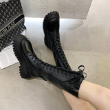 woloong Women Motorcycle Boots Wedges Flat Shoes Woman High Heel Platform PU Leather Boots Lace Up Women Shoes Black Boots Girls