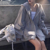 Women Hoodies Harajuku Korean Version Zip Up Loose Oversized Sweatshirts Casual Solid Color Long Sleeve Hooded Sweatshirt Coats