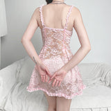 Pink Lace Dress Woman Sexy See Through Slip Dresses Kawaii Clothes Lady Girls A Line Dress Night Club Outfits Slim Empire Waist