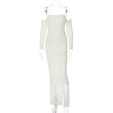 Knit Tassel Strapless Long Famale Dress Elegant White Hollow Out Club Party Dresses Women Fashion Bodycon Backless Lady Clothes