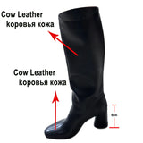 Meotina Women Genuine Leather Knee High Boots Square Toe Chunky High Heels Zipper Long Boots Lady Fashion Shoes Autumn Winter 43