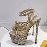 Runway Style Glitter Sequined Platform Super High Heel Party Wedding Banquet Shoes Bowknot Summer Gold Sandals Women Pumps