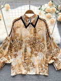 Autumn Puff Sleeve Shirts Blouse Women Floral Long Sleeve Lapel Buttons Vintage Shirts Elegant Blouses Tops Female GD631