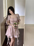 Woloong Fairy Dress Ruffled Puff Sleeve Dress Solid Square Collar Women's Summer Dress Chic High Waist Sweet Pink Cake Short Fairy Dress Vestidos