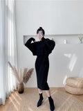 New Fall/Winter Bat Sleeve O-Neck Soft Sweater  + Women's Knitted Vest Long Dress Two-Piece Dress Sets