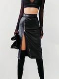 Black PU Leather High Waist Pencil Skirts Vintage Grunge Women Streetwear Zipper High Split Bodycon Midi Skirt with Belt