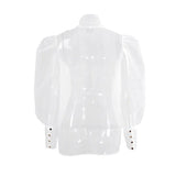 White Chiffon Top Shirts For Women Elegant Long Lantern Sleeve Mesh T-shirt See-Through Blouse Bow Sheer Ladies Shirts