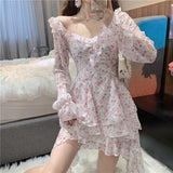 woloong Fairy Dress Holiday Irregular Floral Dress Square Collar Women's Spring Long Sleeved Princess Slim Fairy Dress Ruffle Short Dress Vacation