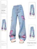 Woloong Women's Blue Butterfly Jeans Baggy Vintage Y2k Denim Trousers 2000s Harajuku Wide Leg Cowboy Pants Trashy 90s Aesthetic Clothes