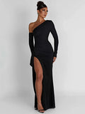 Shoulder Thigh High Split Maxi Dress Women Long Sleeve Backless Bodycon Sexy Club Party Long Dress Vestidos