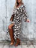 Woloong Leopard Print White Black Slit Midi Casual Winter Long Sleeve Dress V Neck Autumn Dropshipping Vestidos Femme